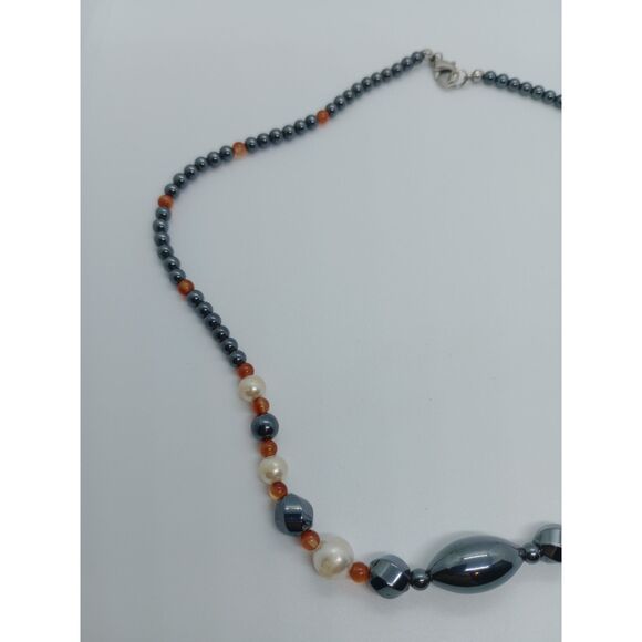 Hematite Faux Pearl Orange Beaded Silver Tone 20" Lobster Clasp Necklace - Picture 4 of 6